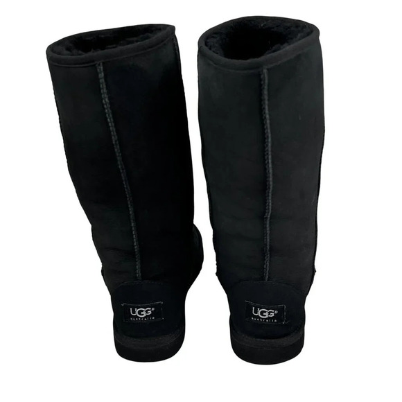 Ugg Womens 6 Black Genuine Leather & Sheepskin Tall Winter Boots Snow Sports Fun - Picture 2 of 16